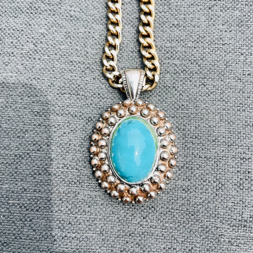 Vintage Western Turquoise Cabochon Statement Necklace‎ Silver Gold Tone Chain